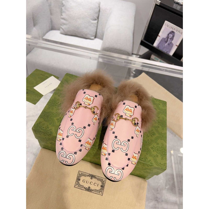 G*u*i women\''s princetown fur gg leather fox printed slippers pink