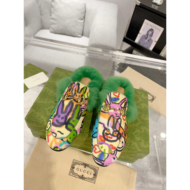 G*u*i women\''s princetown graffiti print slipper green fur multicolor