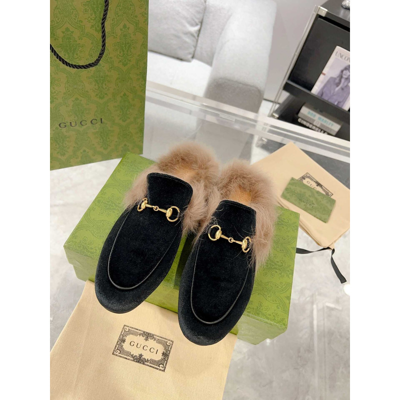 G*u*i 2015 re-edtion women\''s princetown fur canvas slippers black