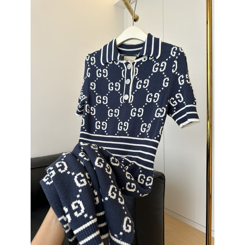 G*u*i gg cotton jacquard polo dress navy blue