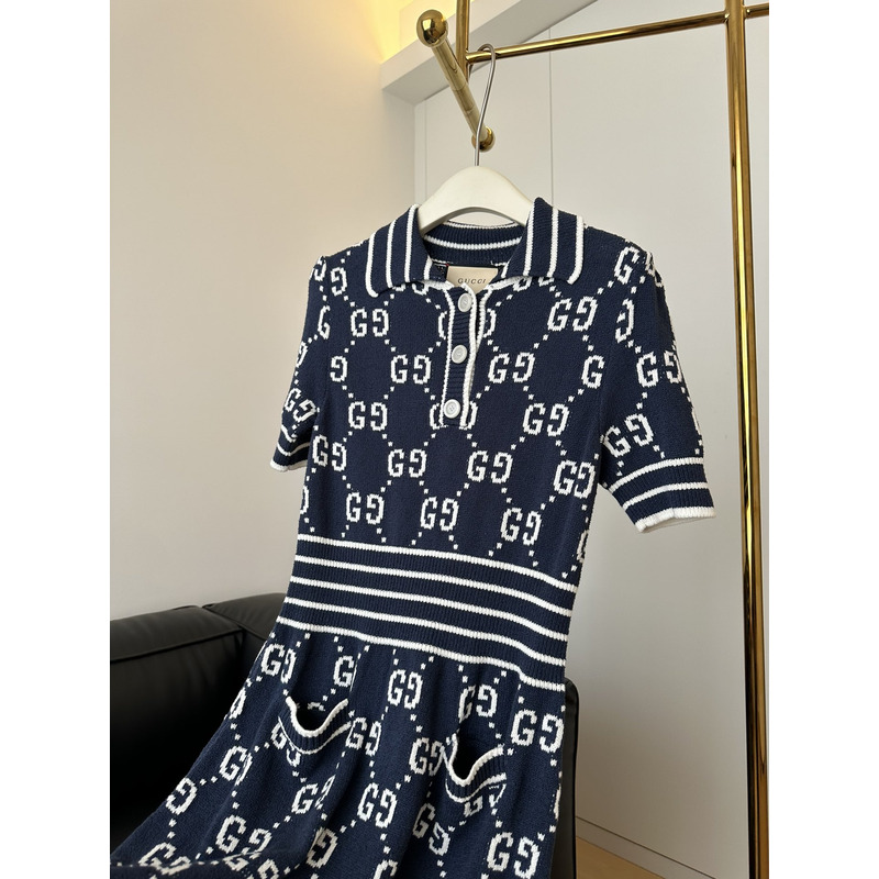 G*u*i gg cotton jacquard polo dress navy blue