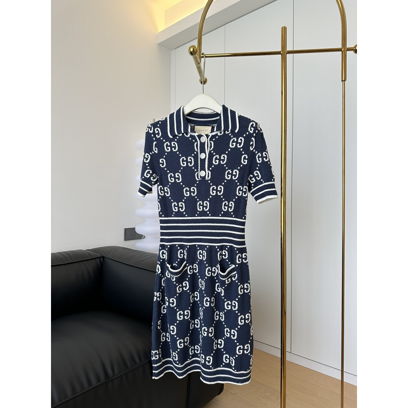 G*u*i gg cotton jacquard polo dress navy blue