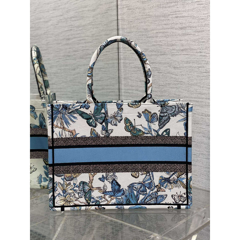 D*or medium book tote handbag butterfly embroidery white blue