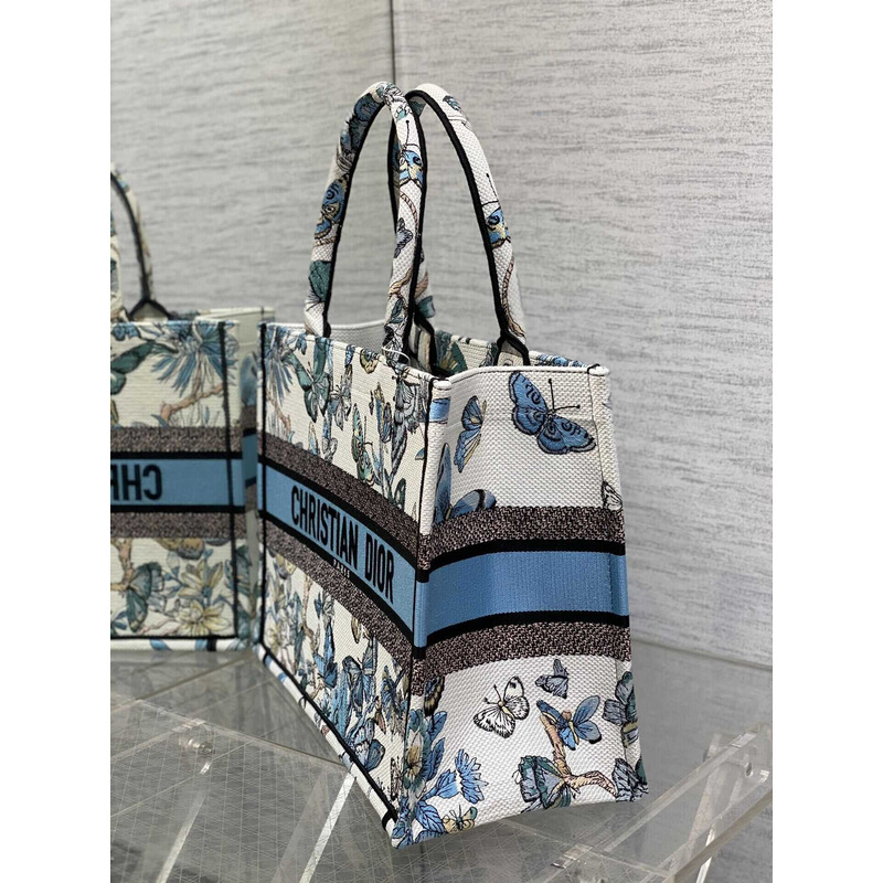 D*or medium book tote handbag butterfly embroidery white blue