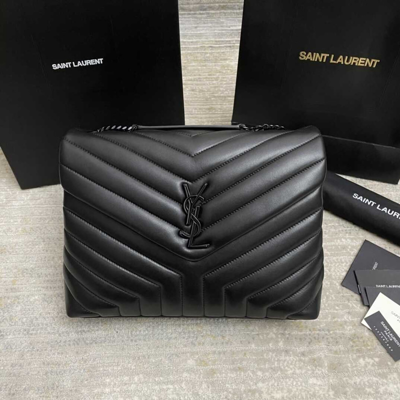 Saint Laurent Calfskin Y Quilted Monogram Medium Loulou Chain Satchel Black Logo