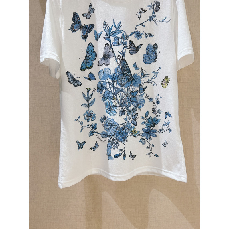 D*or t-shirt  cotton jersey with pastel midnight blue toile de jouy mexico motif white