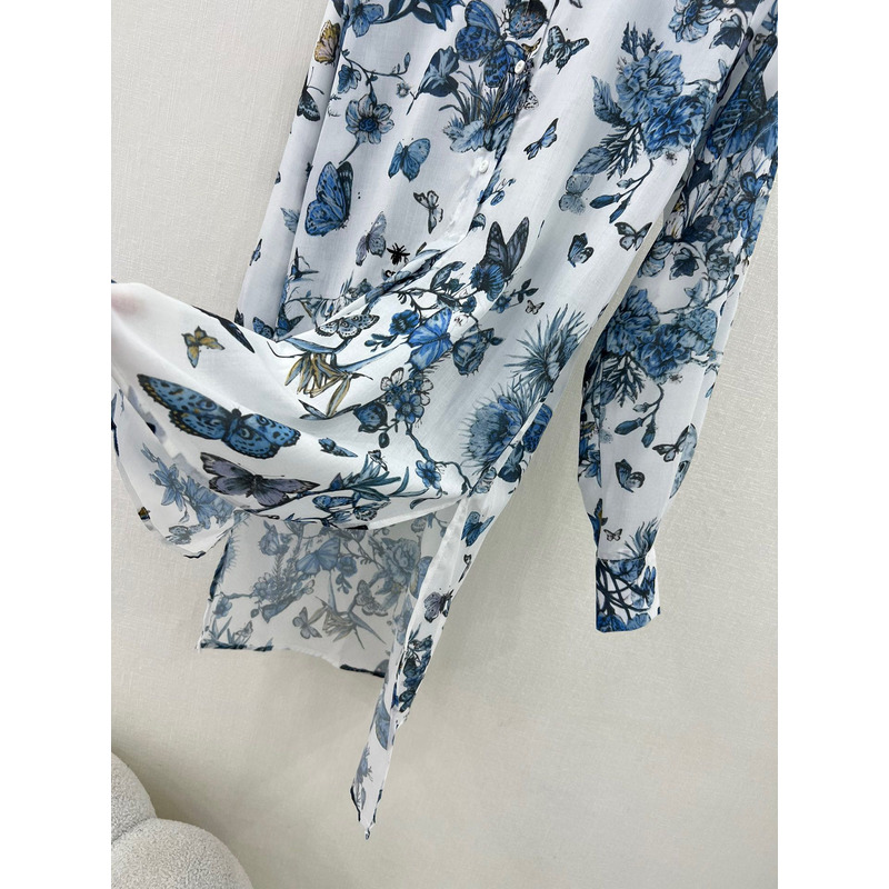 D*or blouse white and pastel midnight blue cotton voile with toile de jouy mexico motif