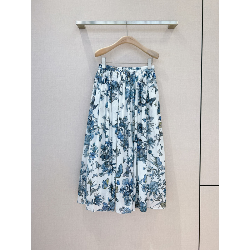 D*or lared mid-length skirt white and pastel midnight blue cotton voile