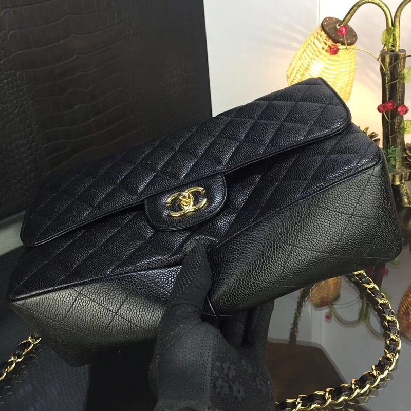 Ch*el classic double flap quilted caviar gold-tone jumbo black