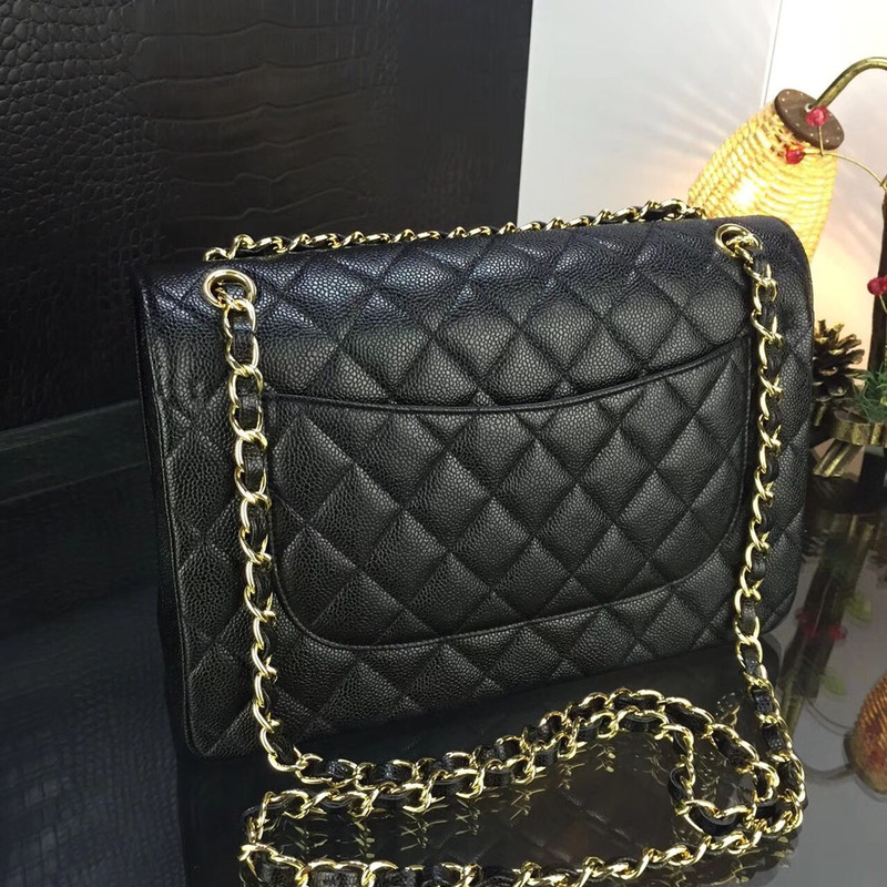 Ch*el classic double flap quilted caviar gold-tone jumbo black