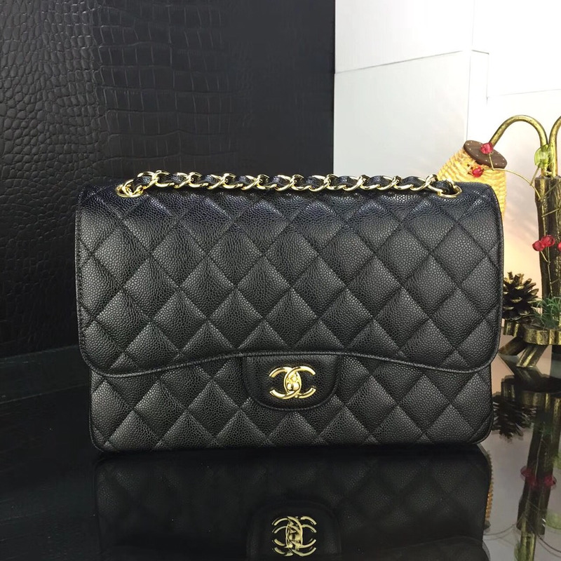 Ch*el classic double flap quilted caviar gold-tone jumbo black