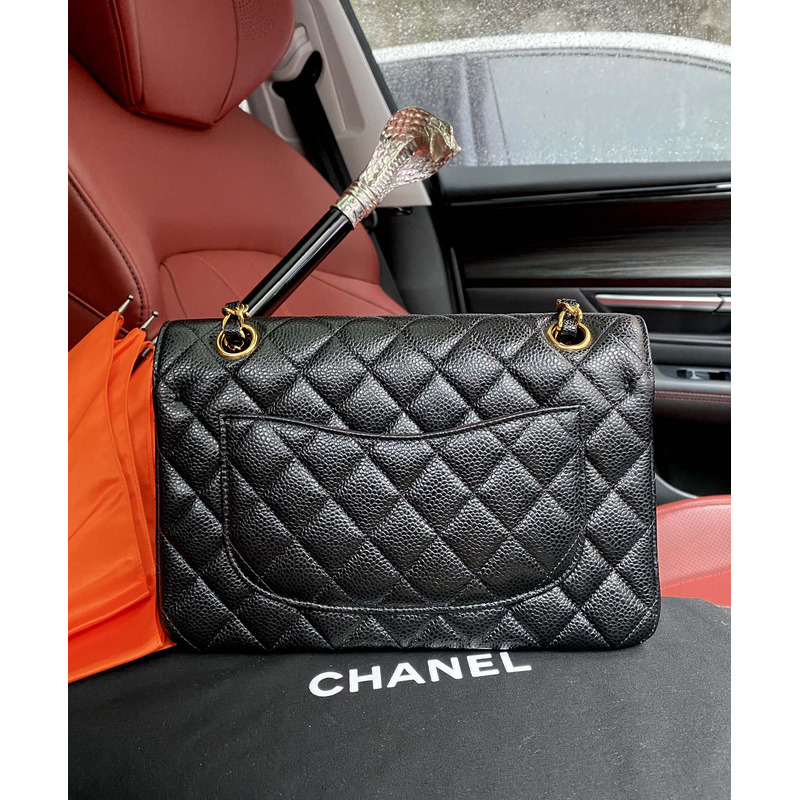 Ch*el small double flap gold hardware caviar black