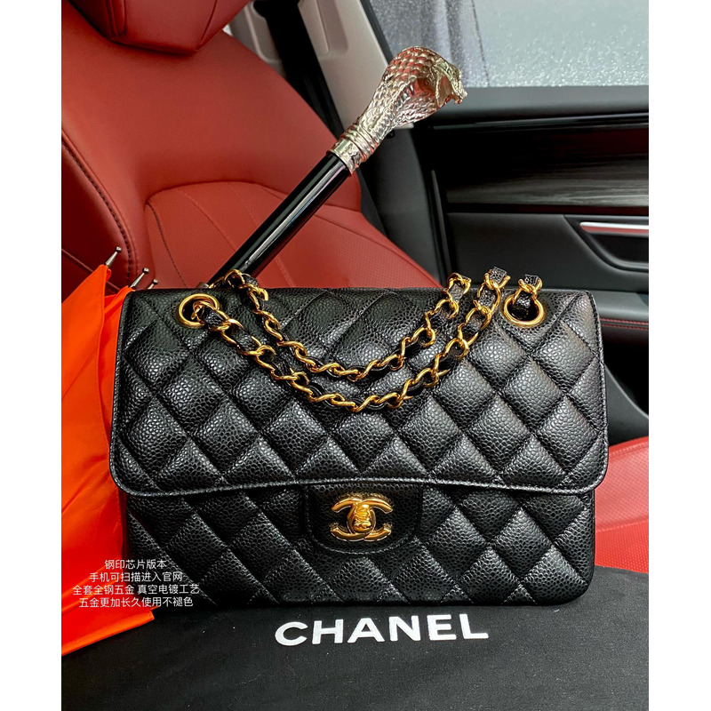 Ch*el small double flap gold hardware caviar black