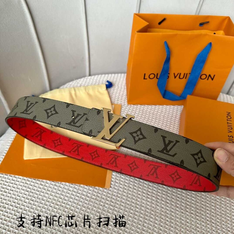 l**is V*t*n initials 40mm reversible belt with golden lv initials buckle khaki green/red