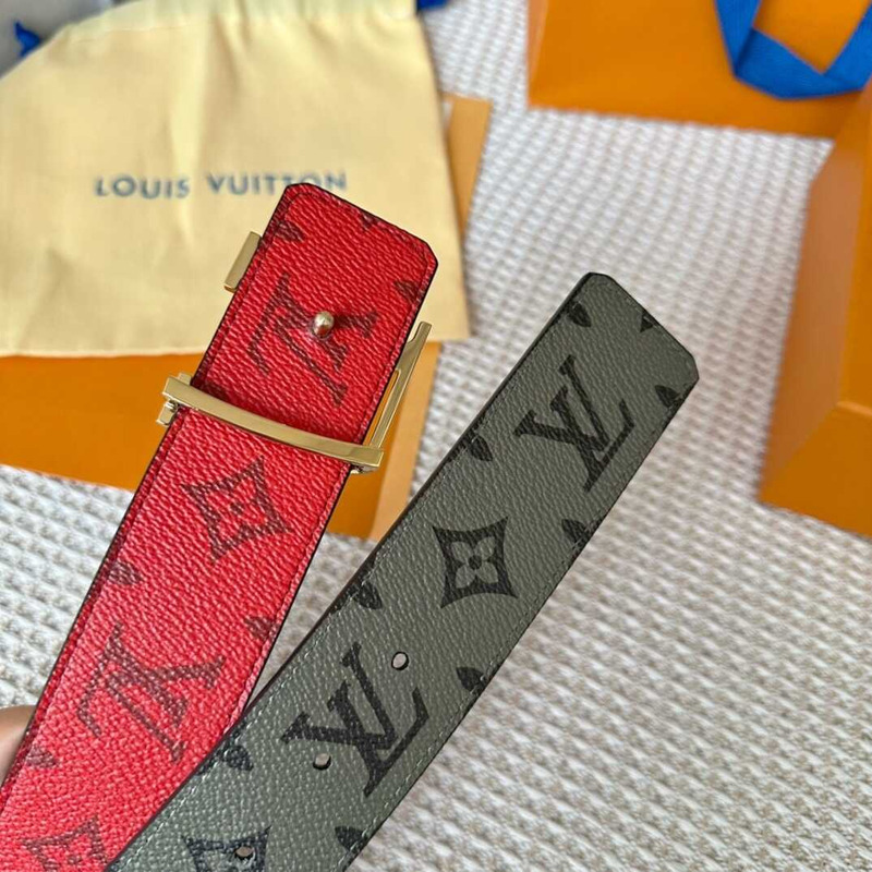 l**is V*t*n initials 40mm reversible belt with golden lv initials buckle khaki green/red