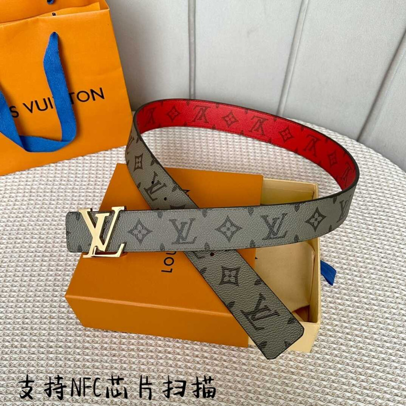 l**is V*t*n initials 40mm reversible belt with golden lv initials buckle khaki green/red