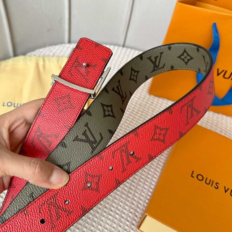 l**is V*t*n  initials 40mm reversible belt with silver lv initials buckle khaki green/red