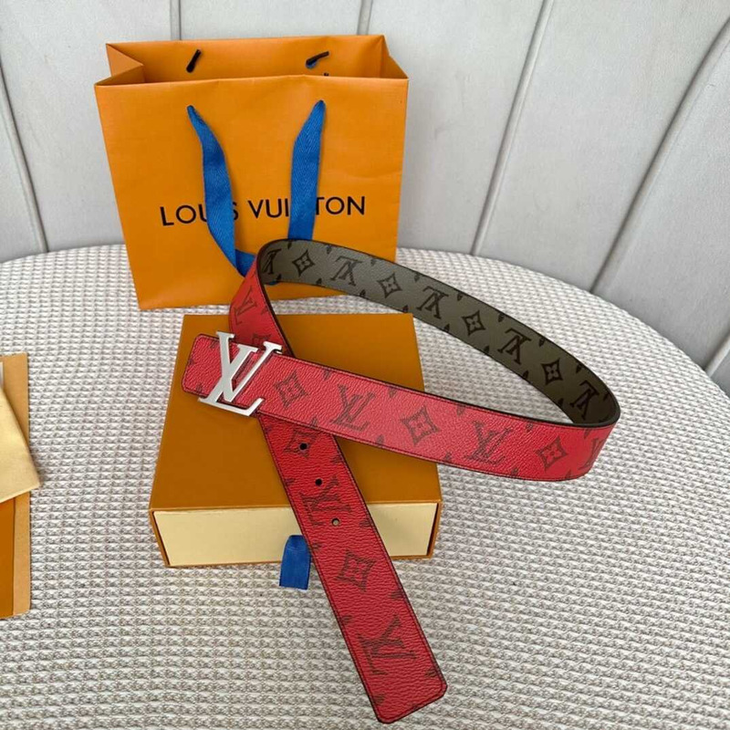 l**is V*t*n  initials 40mm reversible belt with silver lv initials buckle khaki green/red