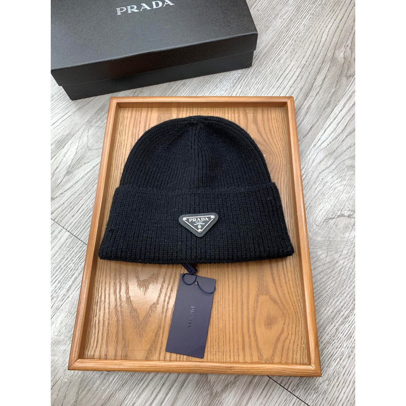 Pra*a logo rib knitted pullover hat black