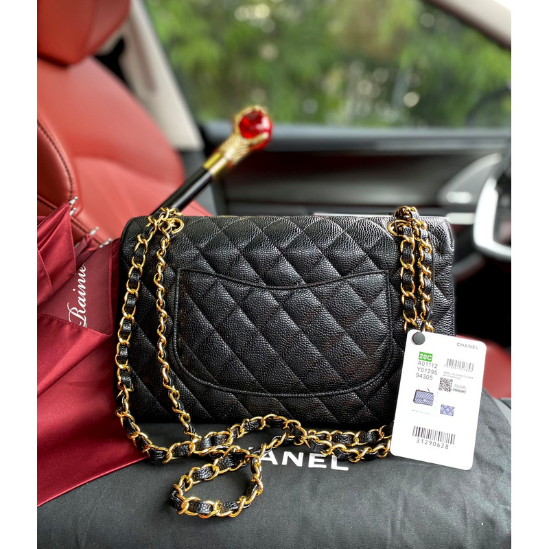 Ch*el medium double flap gold hardware caviar black