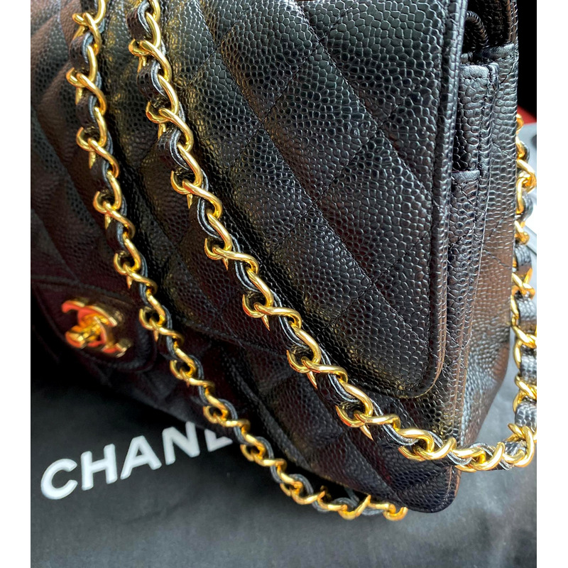 Ch*el medium double flap gold hardware caviar black