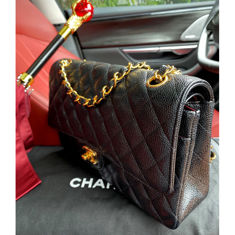 Ch*el medium double flap gold hardware caviar black