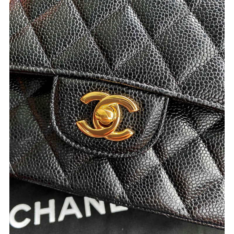 Ch*el medium double flap gold hardware caviar black