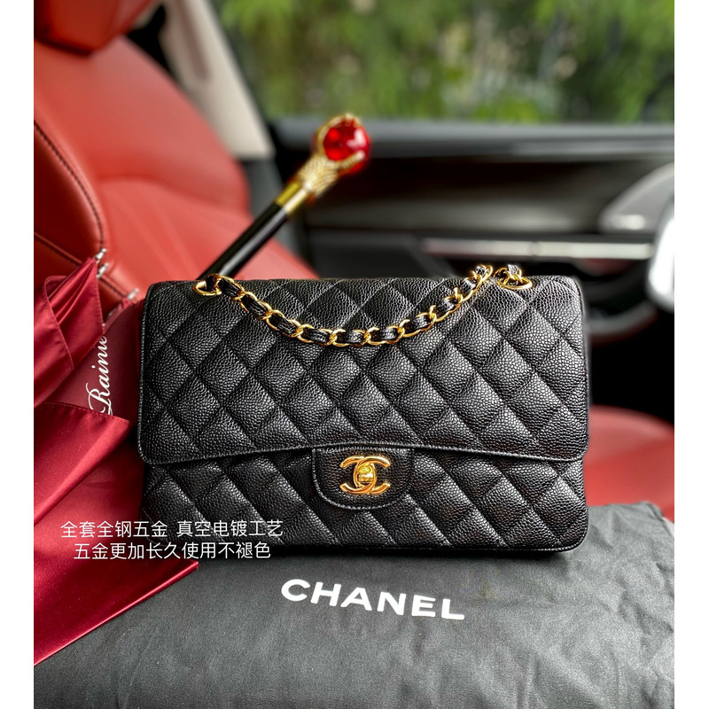 Ch*el medium double flap gold hardware caviar black