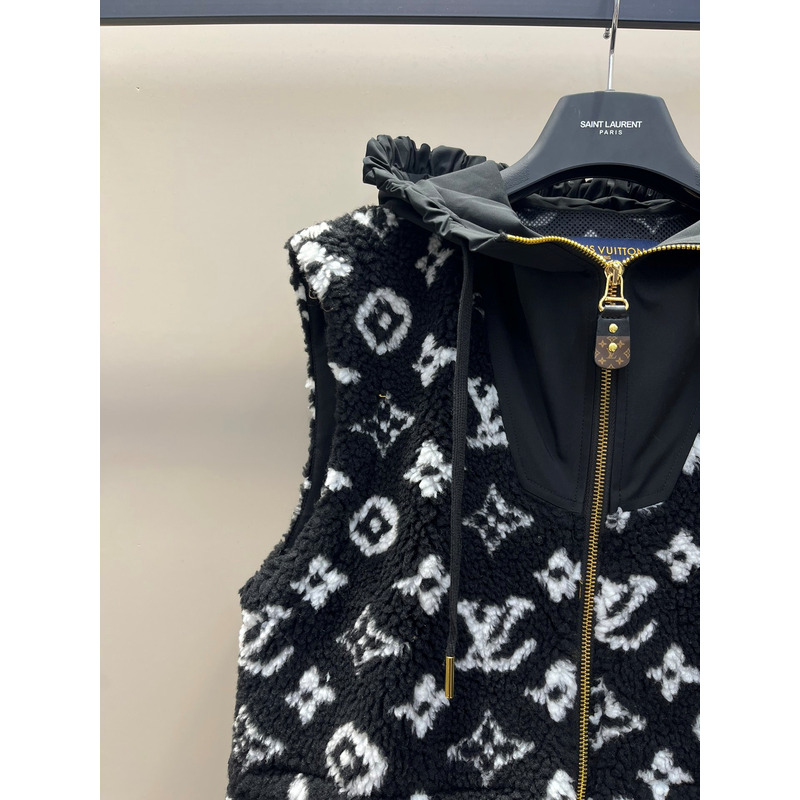 l**is V*t*n sleeveless hooded monogram teddy jacket black and white