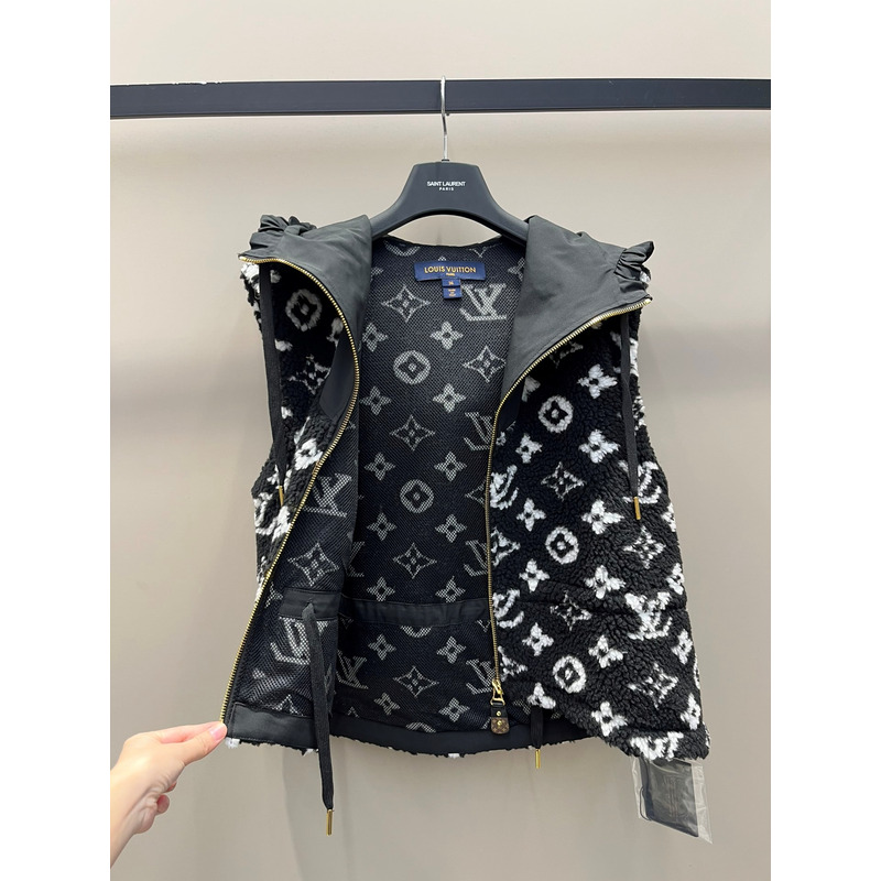 l**is V*t*n sleeveless hooded monogram teddy jacket black and white