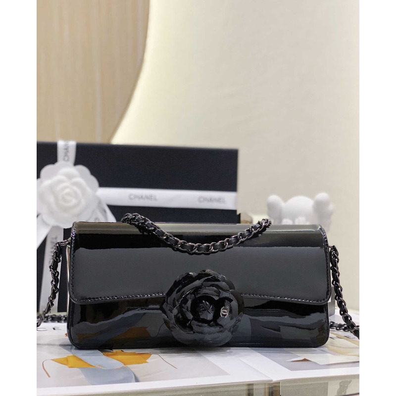 Ch*el small flap bag patent calfskin and black-tone metal coral black