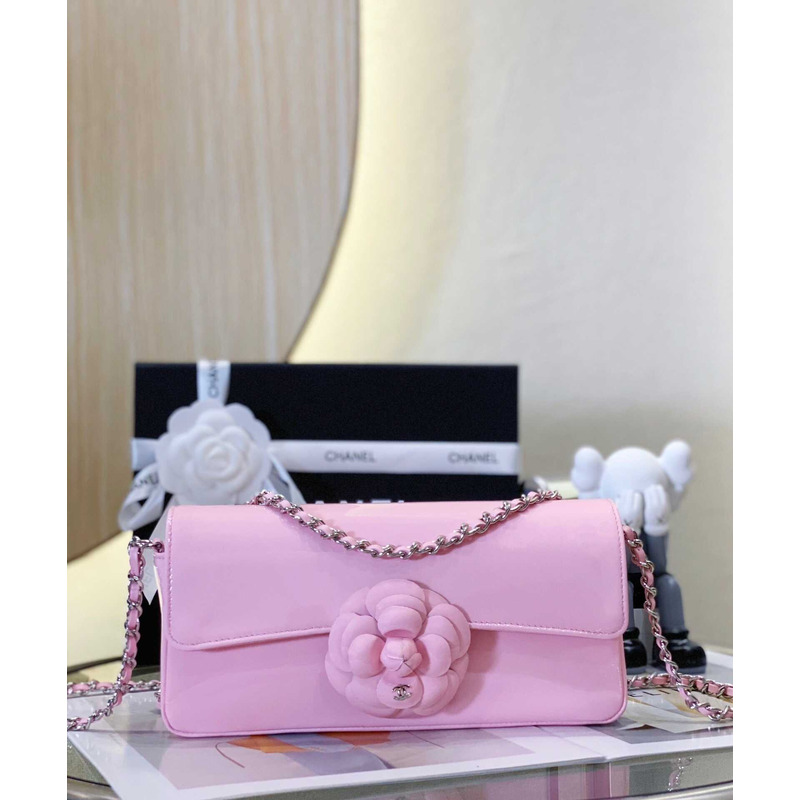 Ch*el small flap bag patent calfskin and gold-tone metal coral pink