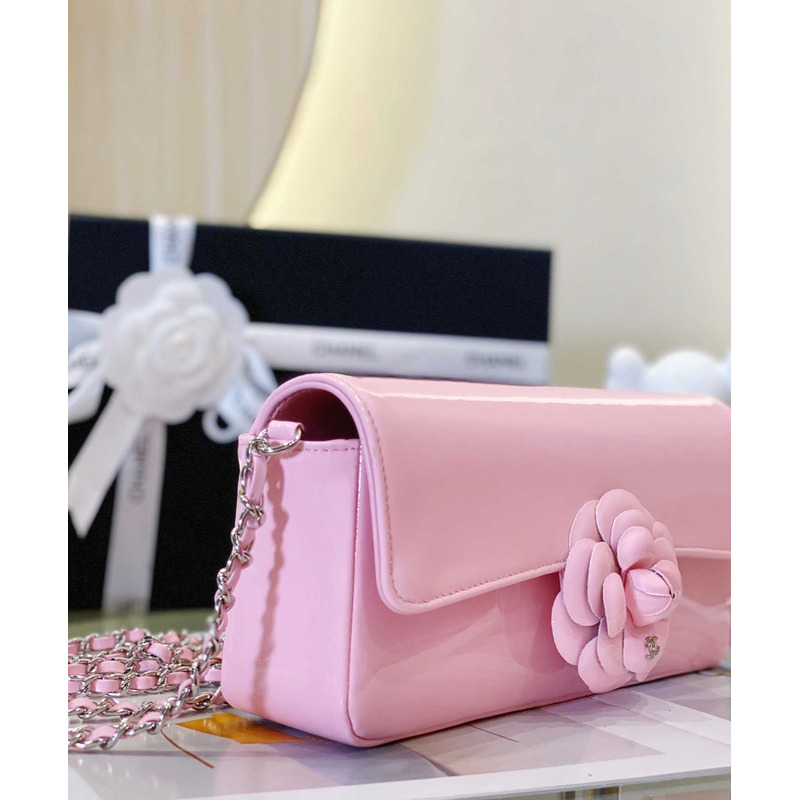 Ch*el small flap bag patent calfskin and gold-tone metal coral pink