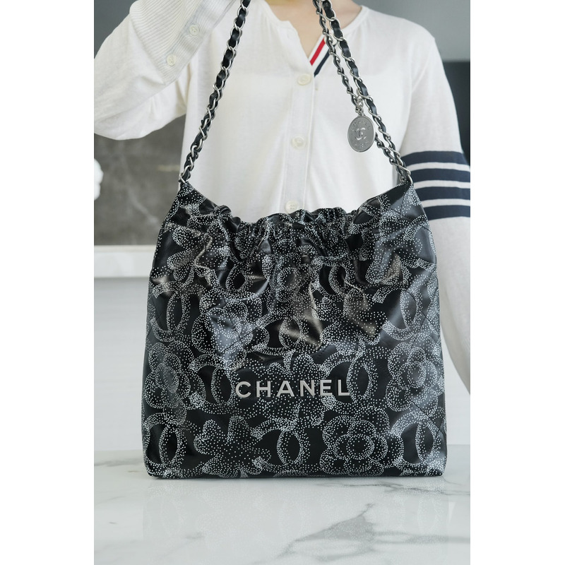 Ch*el 22 handbag printed calfskin & silver-tone metal black & white