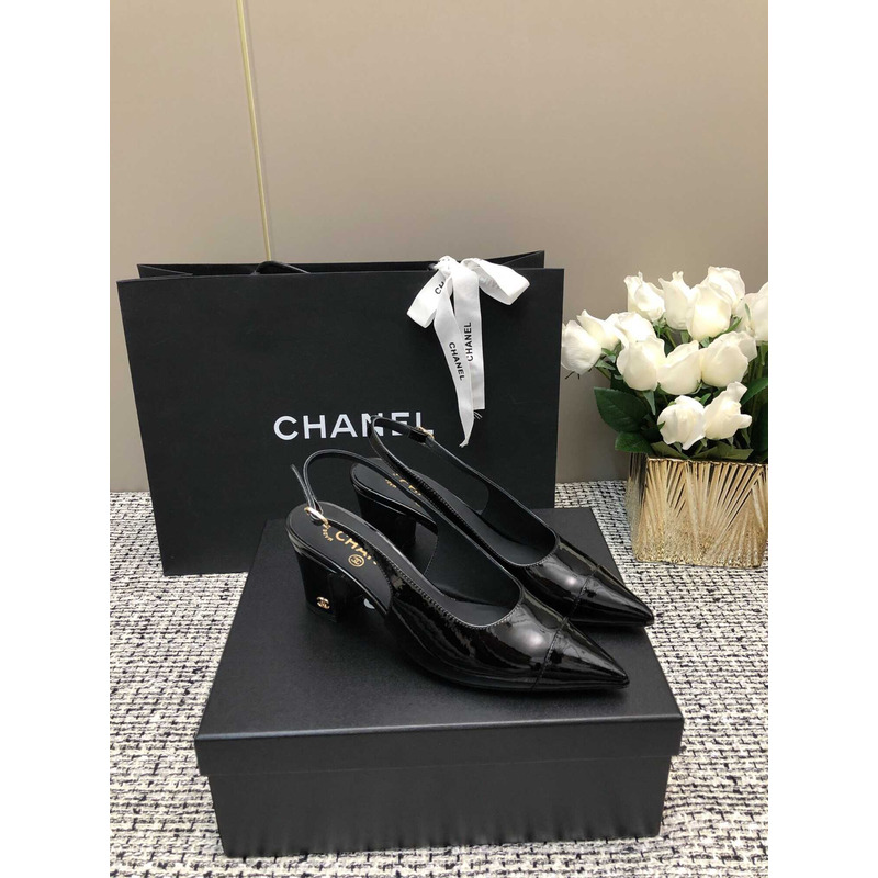 Ch*el slingbacks patent calfskin black