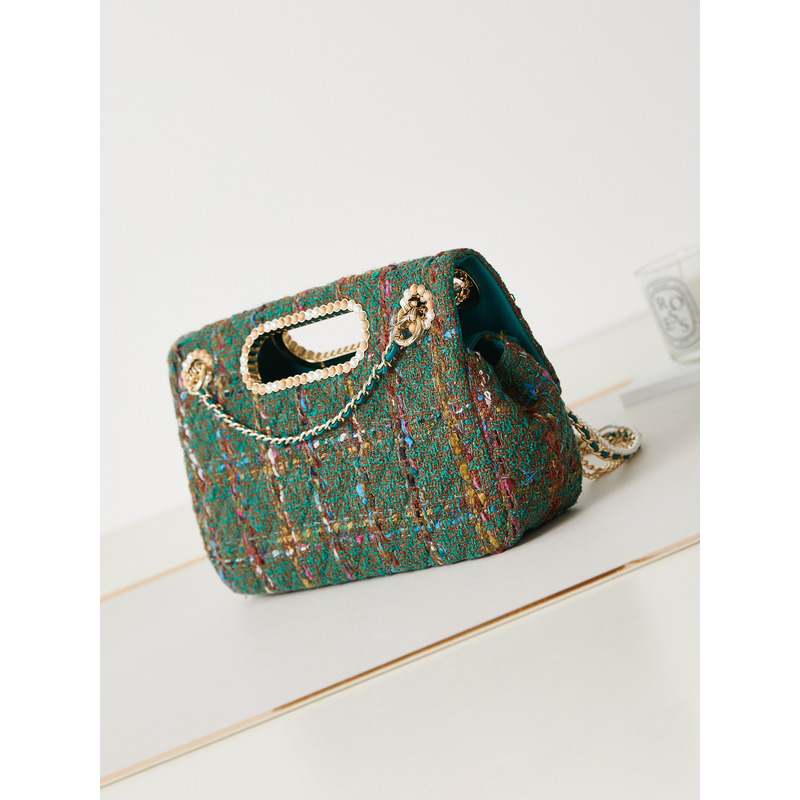 Ch*el large flap bag top handal wool tweed green multi