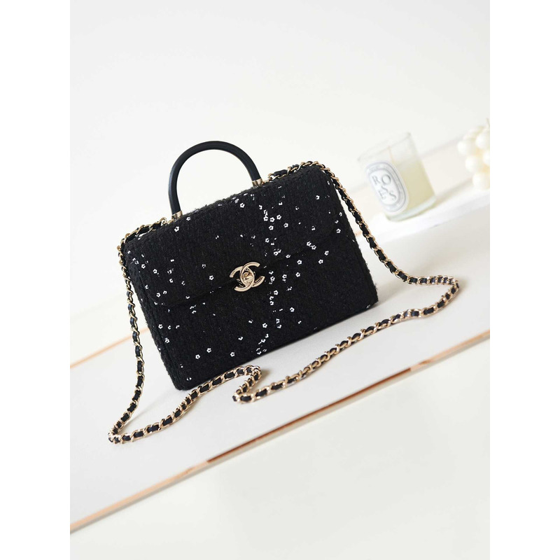 Ch*el small box bag tweed sequins & gold-tone metal black