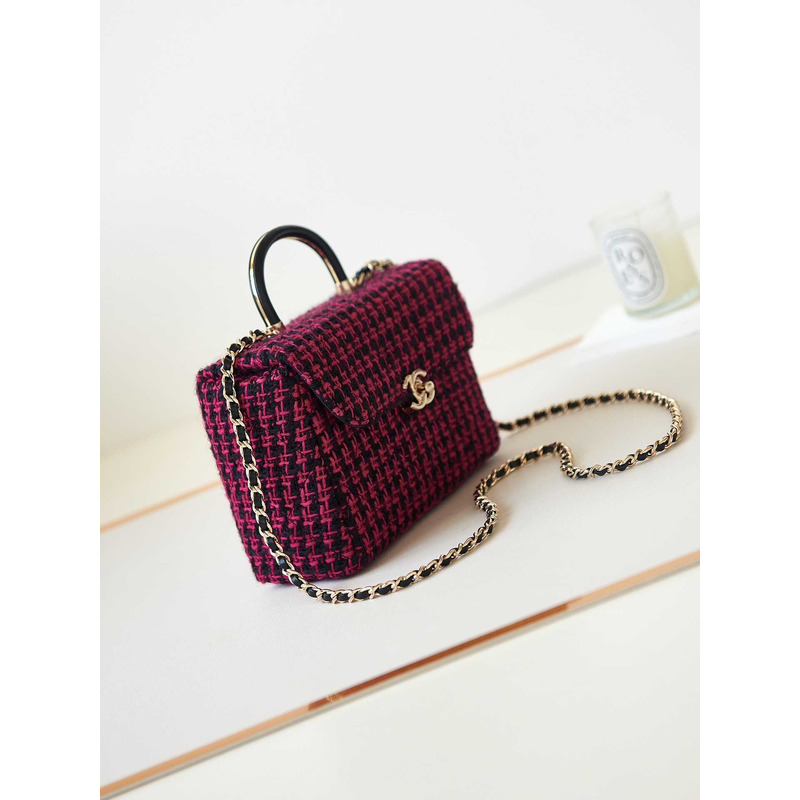 Ch*el small box wool tweed & gold-tone metal fuchsia & black