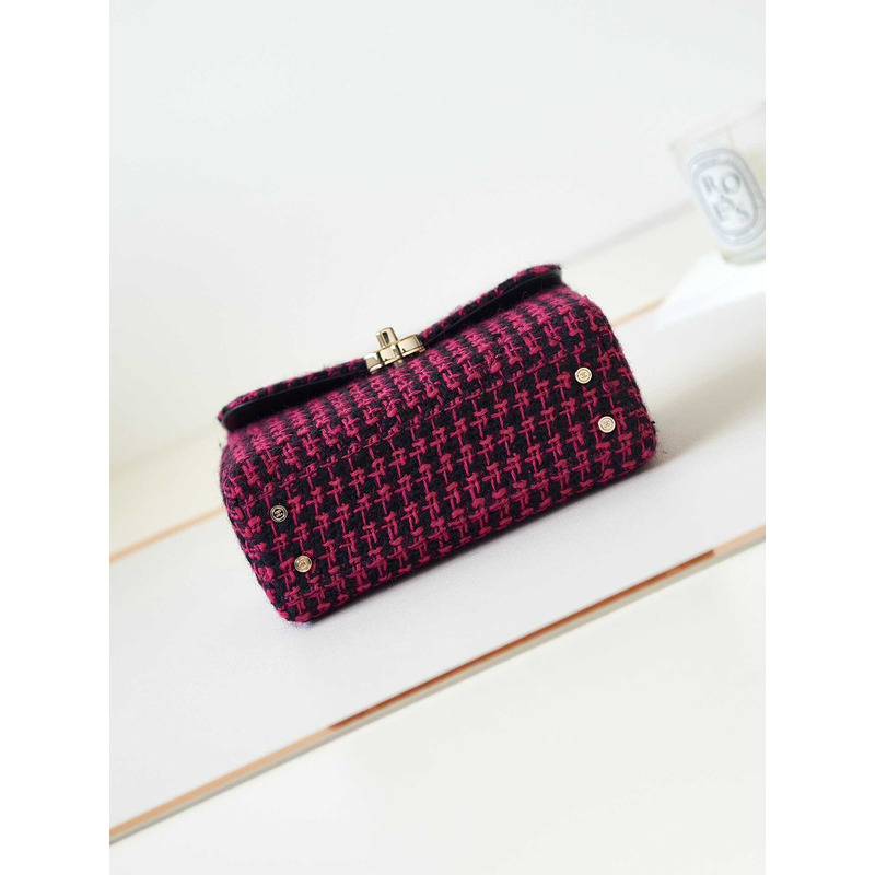 Ch*el small box wool tweed & gold-tone metal fuchsia & black