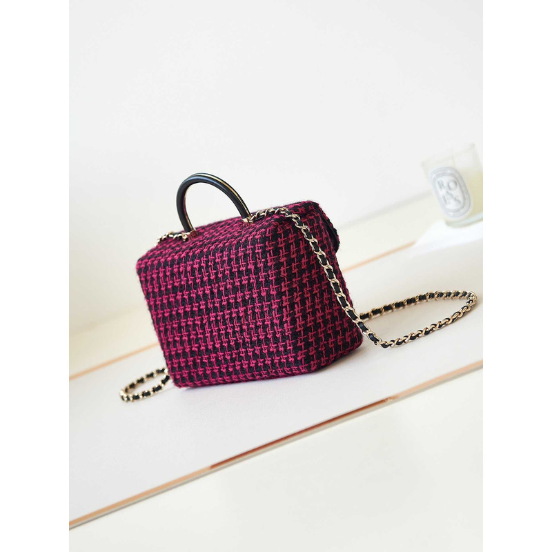 Ch*el small box wool tweed & gold-tone metal fuchsia & black