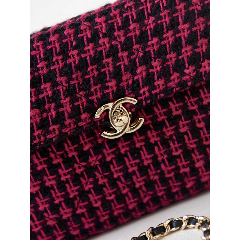 Ch*el small box wool tweed & gold-tone metal fuchsia & black