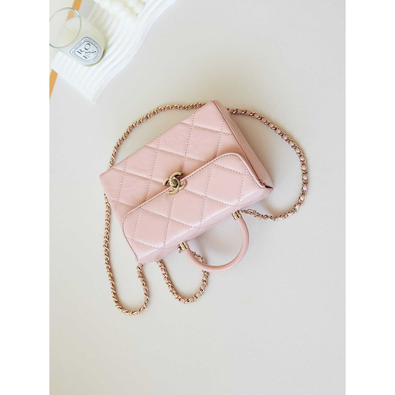 Ch*el top handle calfskin bag pink