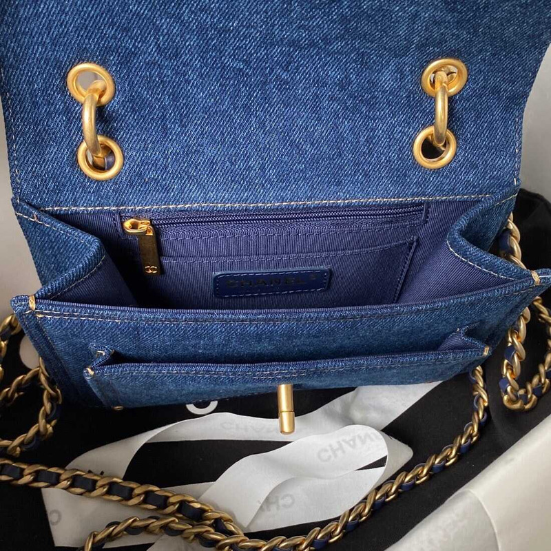 Ch*el mini flap bag denim & gold-tone blue