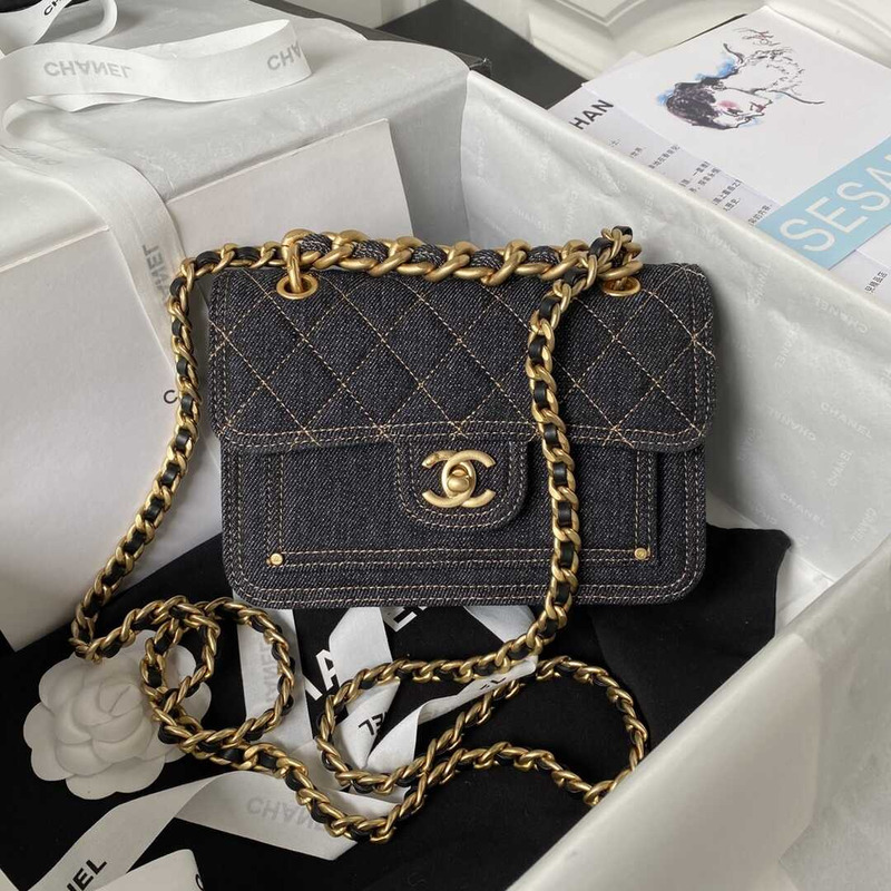 Ch*el mini flap bag denim & gold-tone black