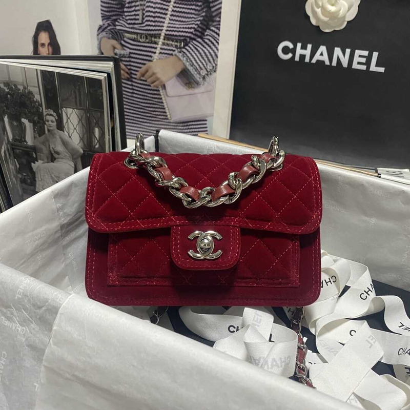 Ch*el mini flap bag velvet & silver-tone red