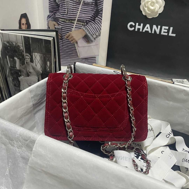 Ch*el mini flap bag velvet & silver-tone red