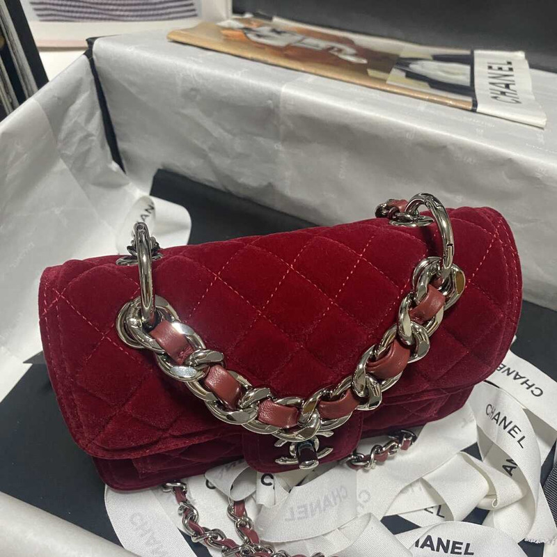 Ch*el mini flap bag velvet & silver-tone red