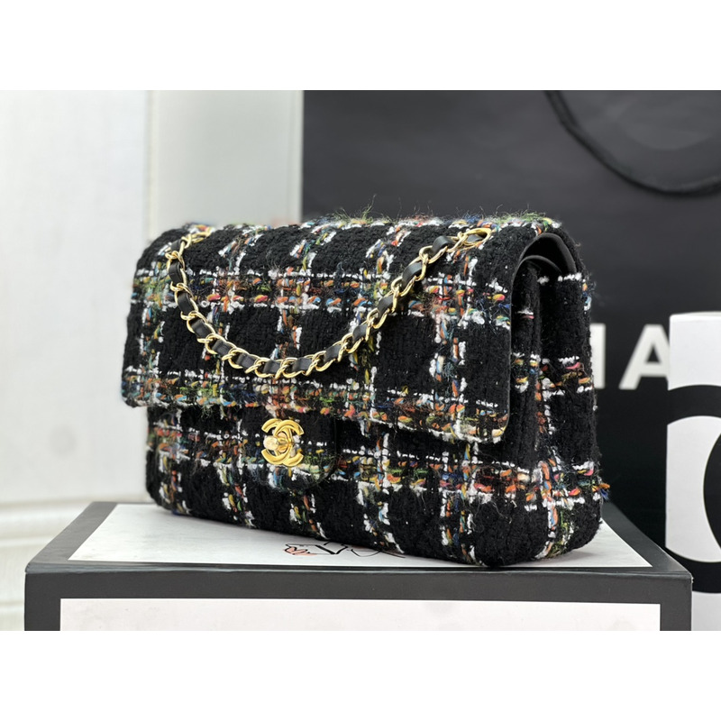 Ch*el tweed cc shoulder bag black and multi