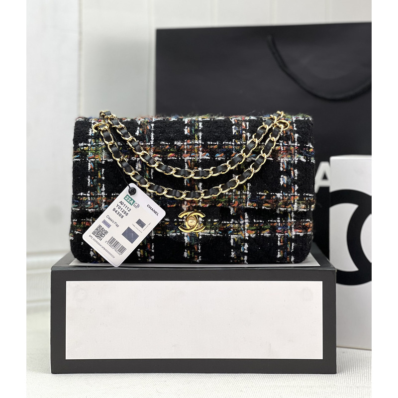 Ch*el tweed cc shoulder bag black and multi