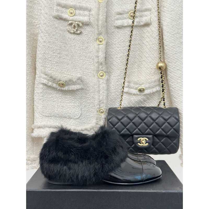 Ch*el short boots patent lambskin & shearling lambskin black